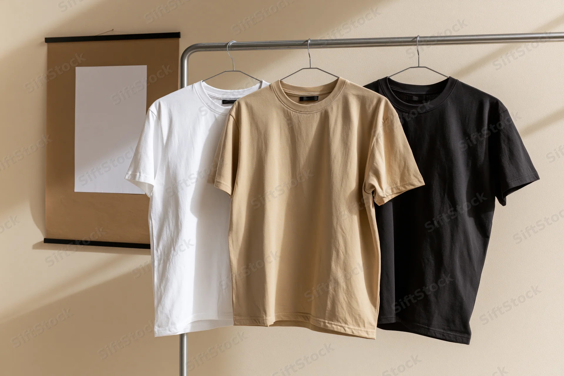 Three plain crew-neck t-shirts hanging on a metal rack against a beige wall with a framed paper mockup beside them
