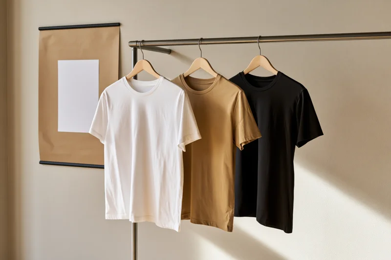 Three plain crew-neck t-shirts hanging on a metal clothing rack in a minimalist interior with a poster on the wall and copyspace on the right