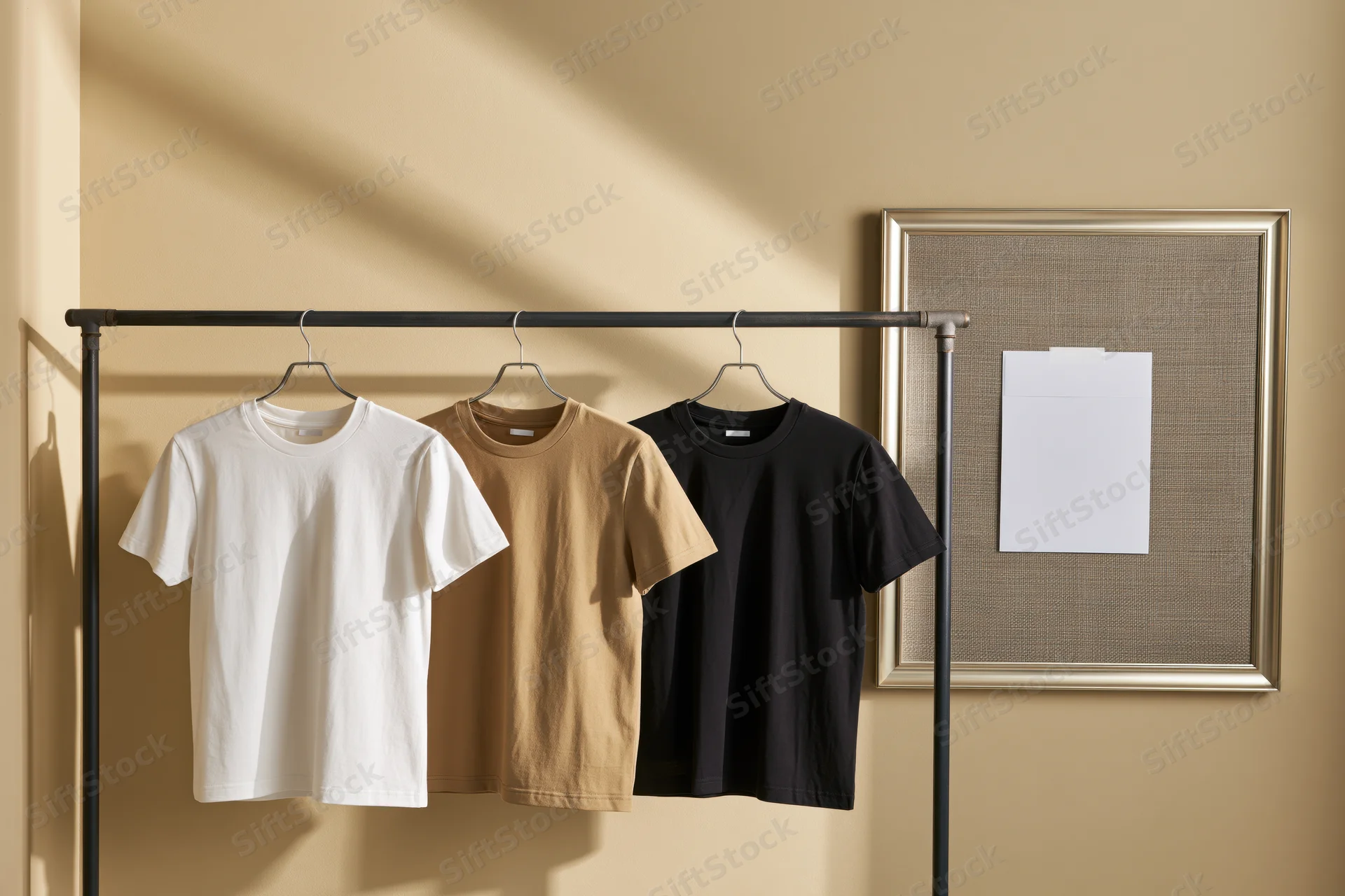 Three plain crew-neck t-shirts in white tan and black hanging on a metal rack against a beige wall with a framed bulletin board beside it