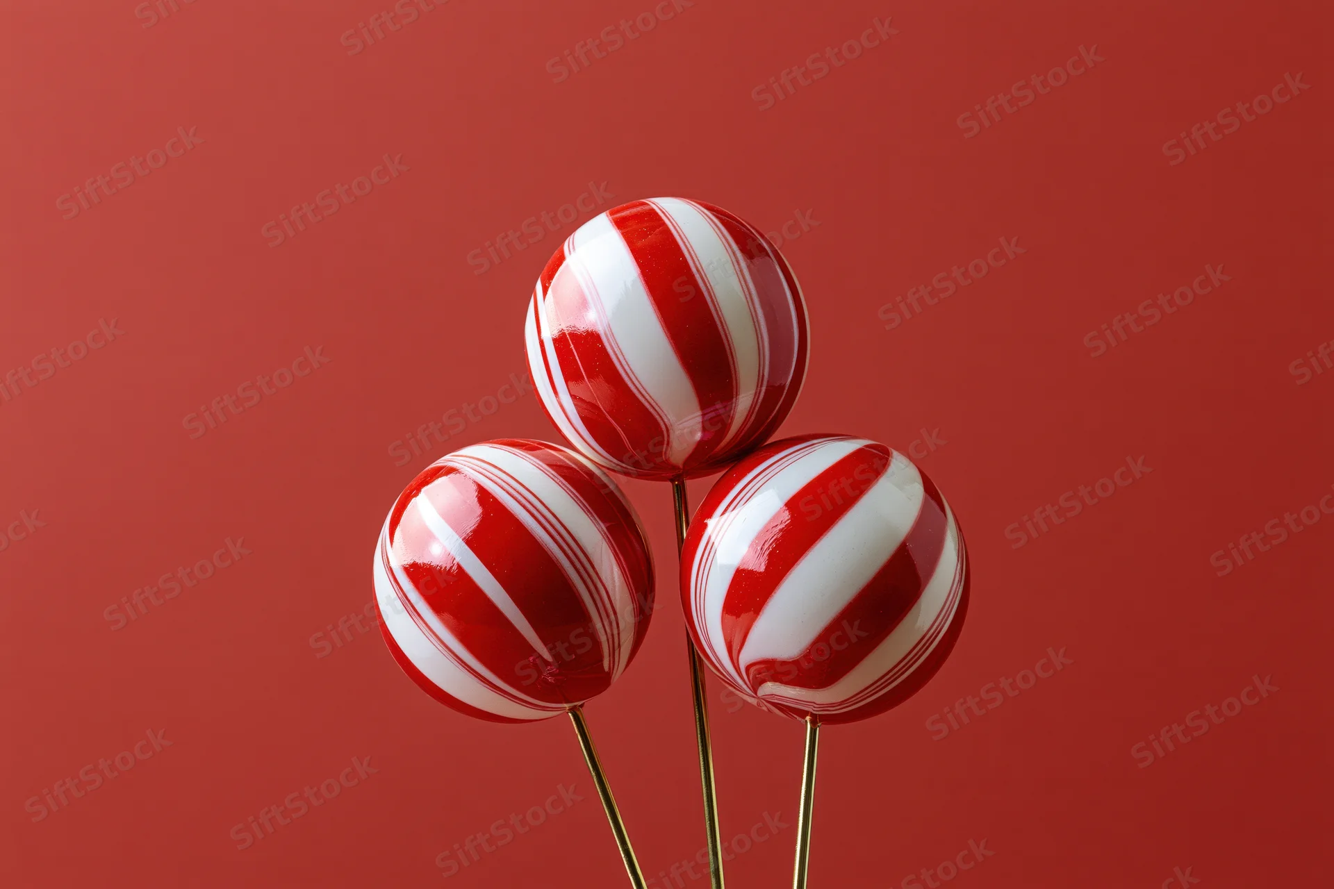 Three red and white striped candy ornaments on thin gold sticks against a red background