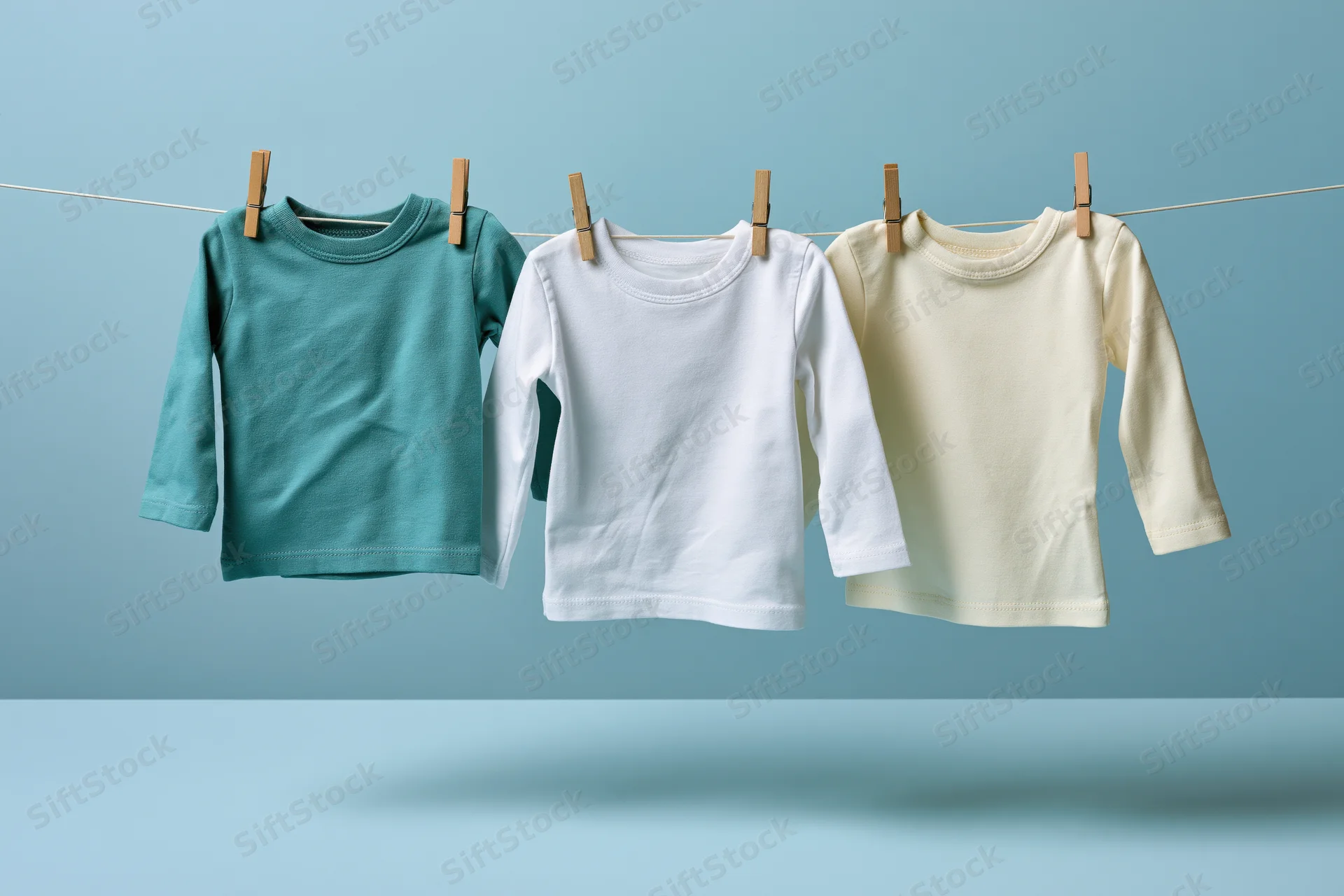 Three baby long-sleeve tops hanging on a clothesline against a blue background