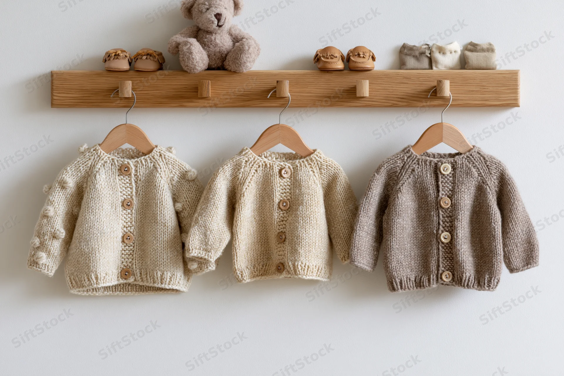 Three knitted baby cardigans hanging on wooden hangers on a wall-mounted rack with toys and shoes above