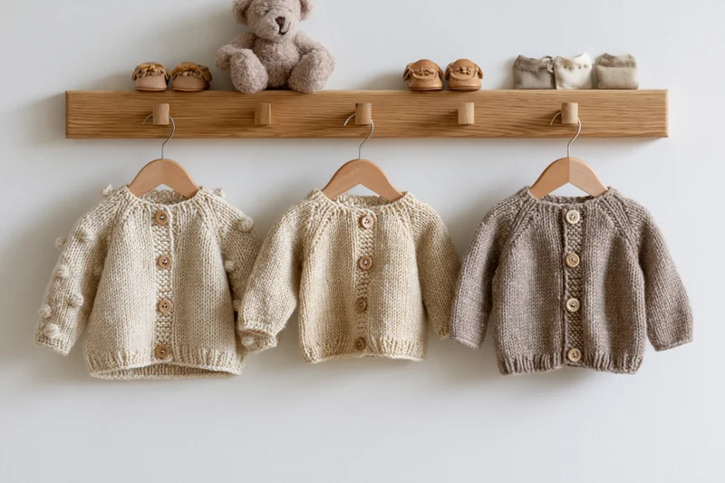 Three knitted baby cardigans hanging on wooden hangers on a wall-mounted rack with toys and shoes above