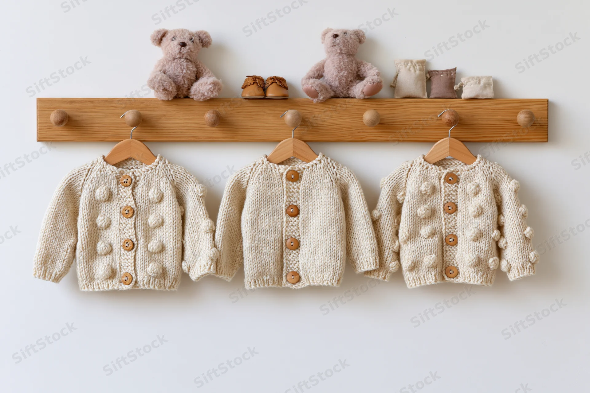 Three knitted baby cardigans hanging on wooden hangers on a wall rack with teddy bears and baby accessories above