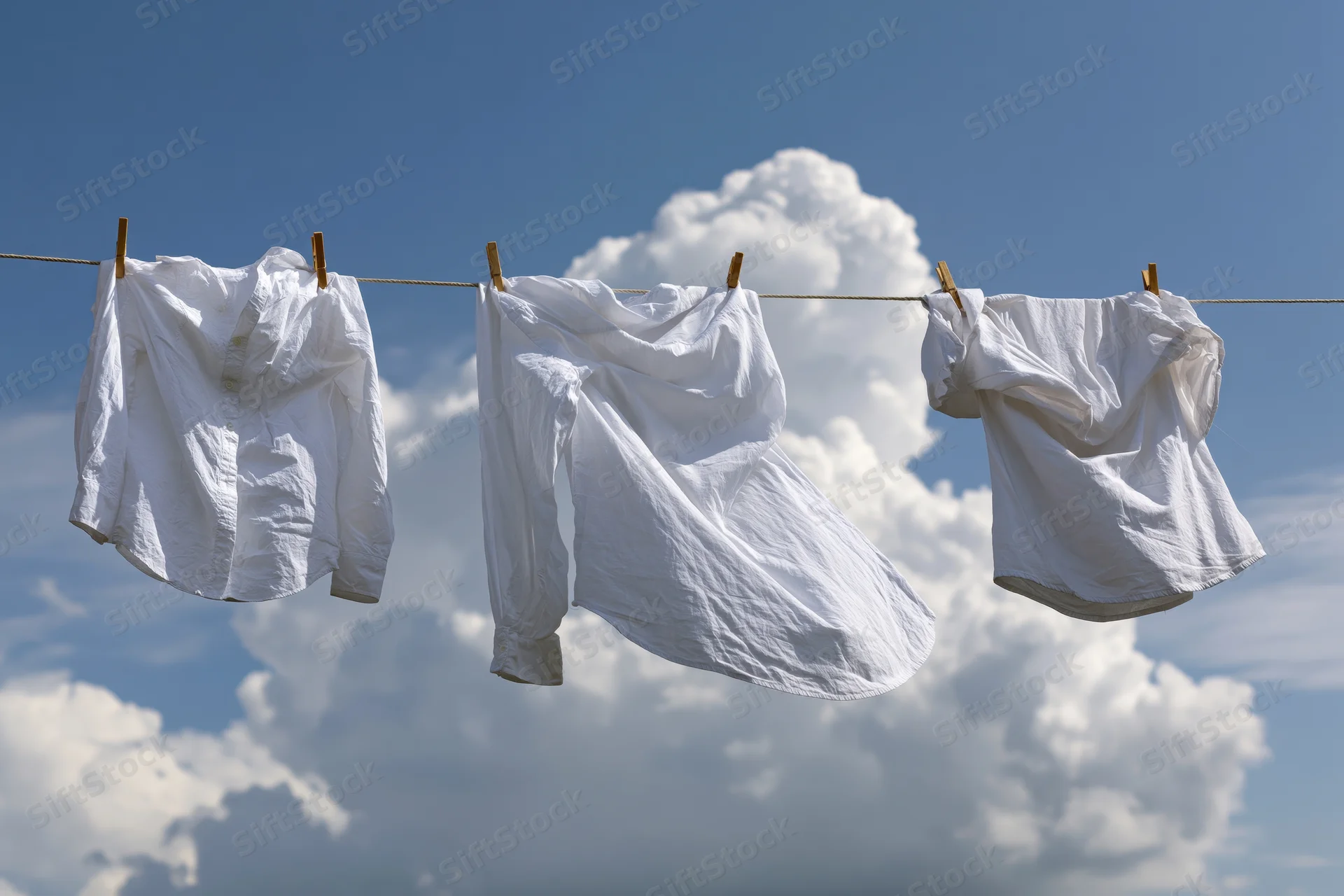 White cotton shirts drying on a clothesline against a blue sky with clouds