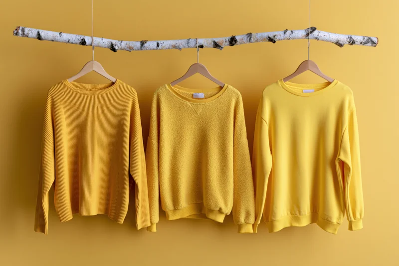 Three yellow knitwear sweaters hanging on wooden hangers against a yellow wall