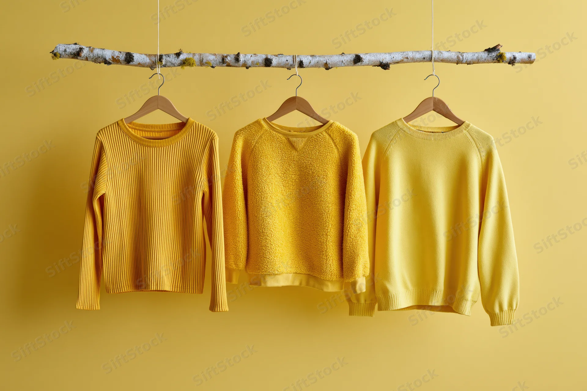 Three yellow knitwear sweaters hanging on wooden hangers against a yellow wall