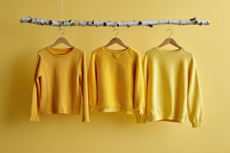Three yellow knitwear sweaters hanging on wooden hangers against a yellow wall