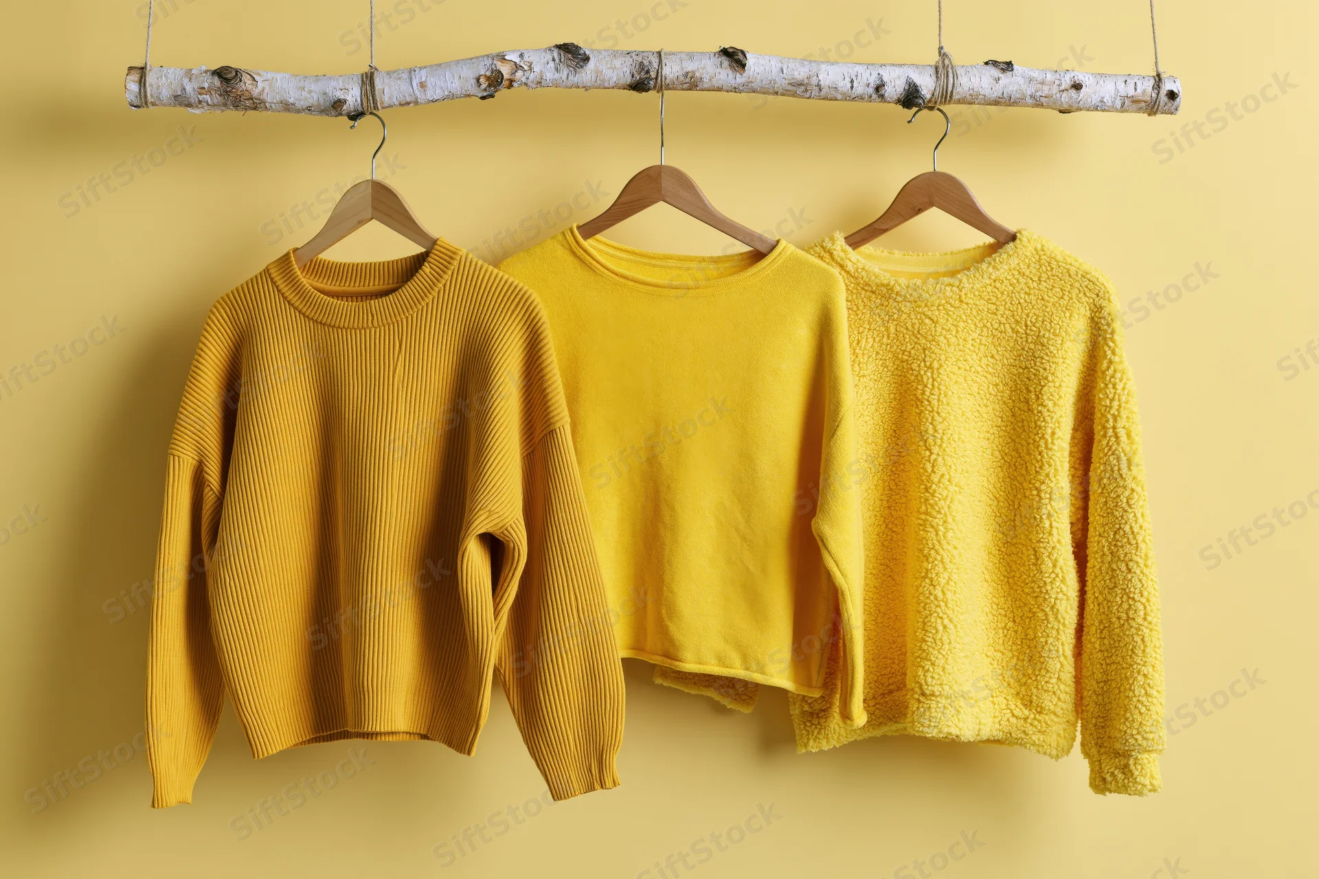Three yellow knitwear sweaters hanging on wooden hangers against a yellow wall