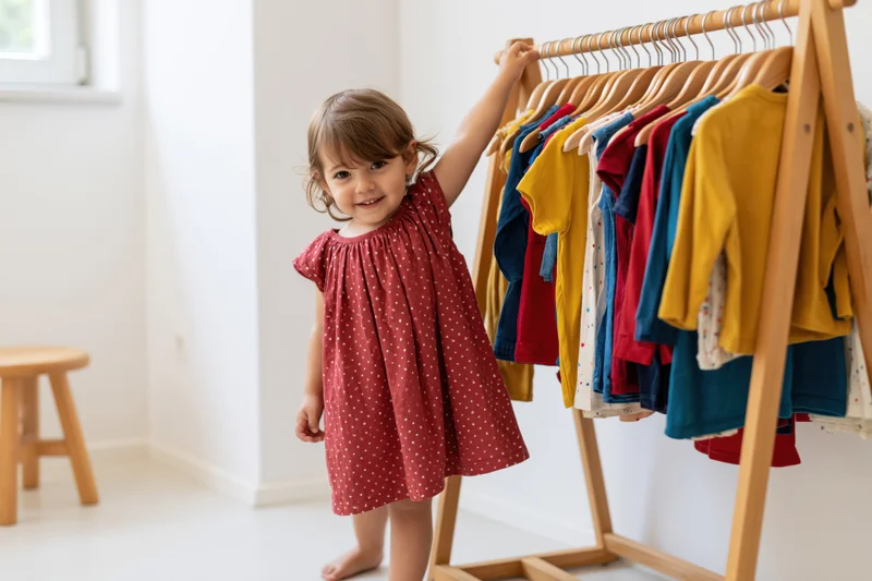 Toddler girl smiling while standing barefoot beside a wooden clothing rack in a bright white room