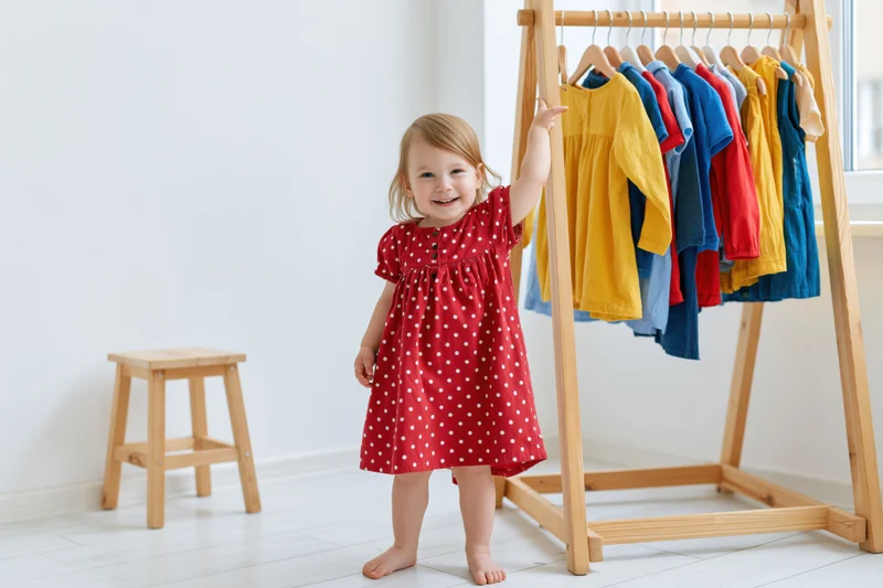 Toddler girl in red polka dot dress smiling while standing barefoot beside wooden clothing rack in bright white room