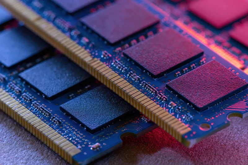 Two ddr ram sticks stacked on a circuit board surface under colorful lighting