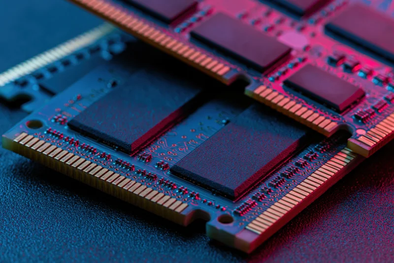 Two ddr ram sticks stacked on a circuit board surface under blue and red lighting