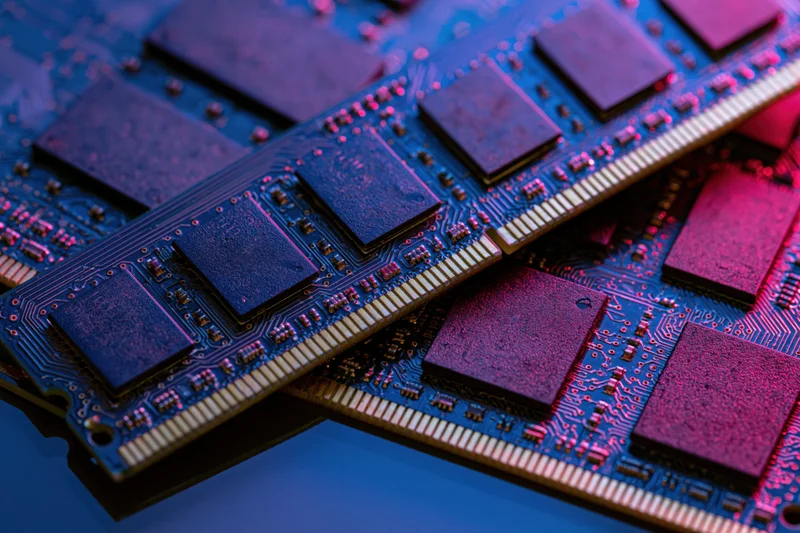 Two ddr ram sticks resting on a circuit board surface under blue and pink lighting