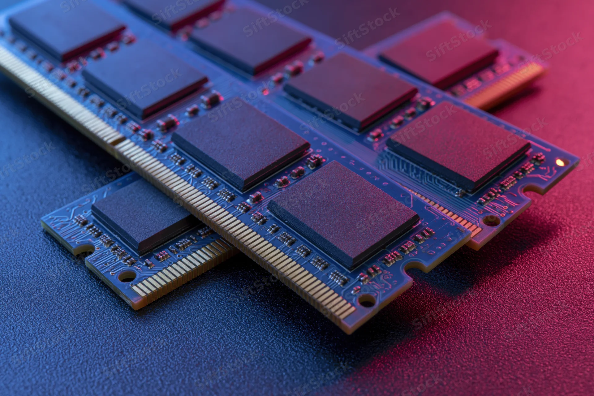 Two ddr ram modules resting on a circuit board surface under blue and red lighting