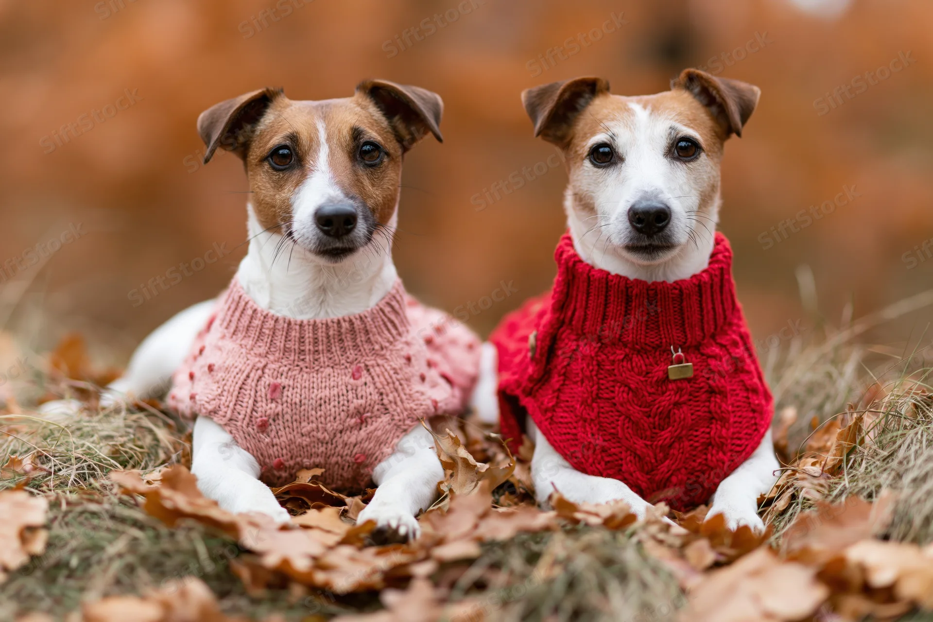 Two jack russell terriers lying side by side on autumn leaves wearing knit sweaters