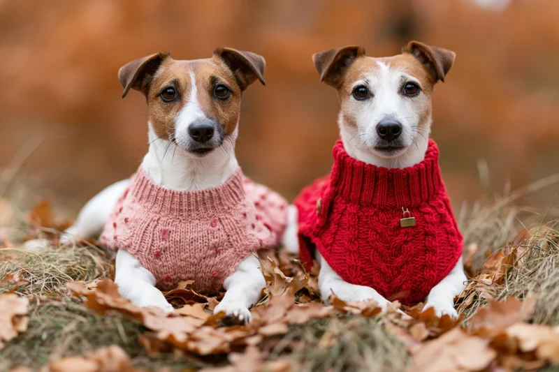 Two jack russell terriers lying side by side on autumn leaves wearing knit sweaters