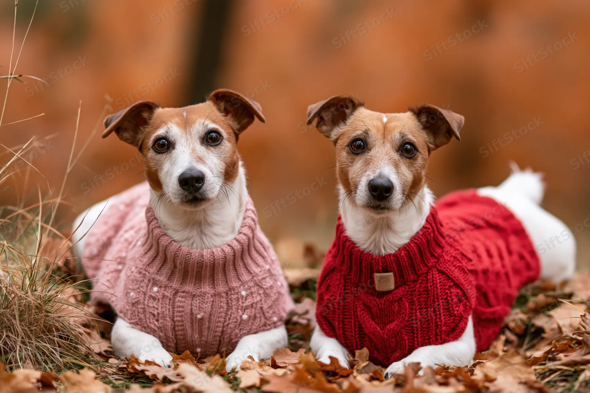 Two jack russell terriers lying side by side on autumn leaves wearing knitted sweaters