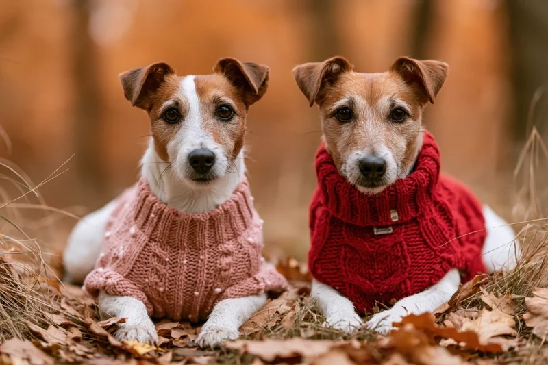 Two jack russell terriers lying side by side on autumn leaves wearing knit sweaters