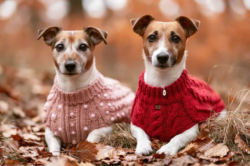 Two jack russell terriers lying side by side on fallen autumn leaves wearing knit sweaters