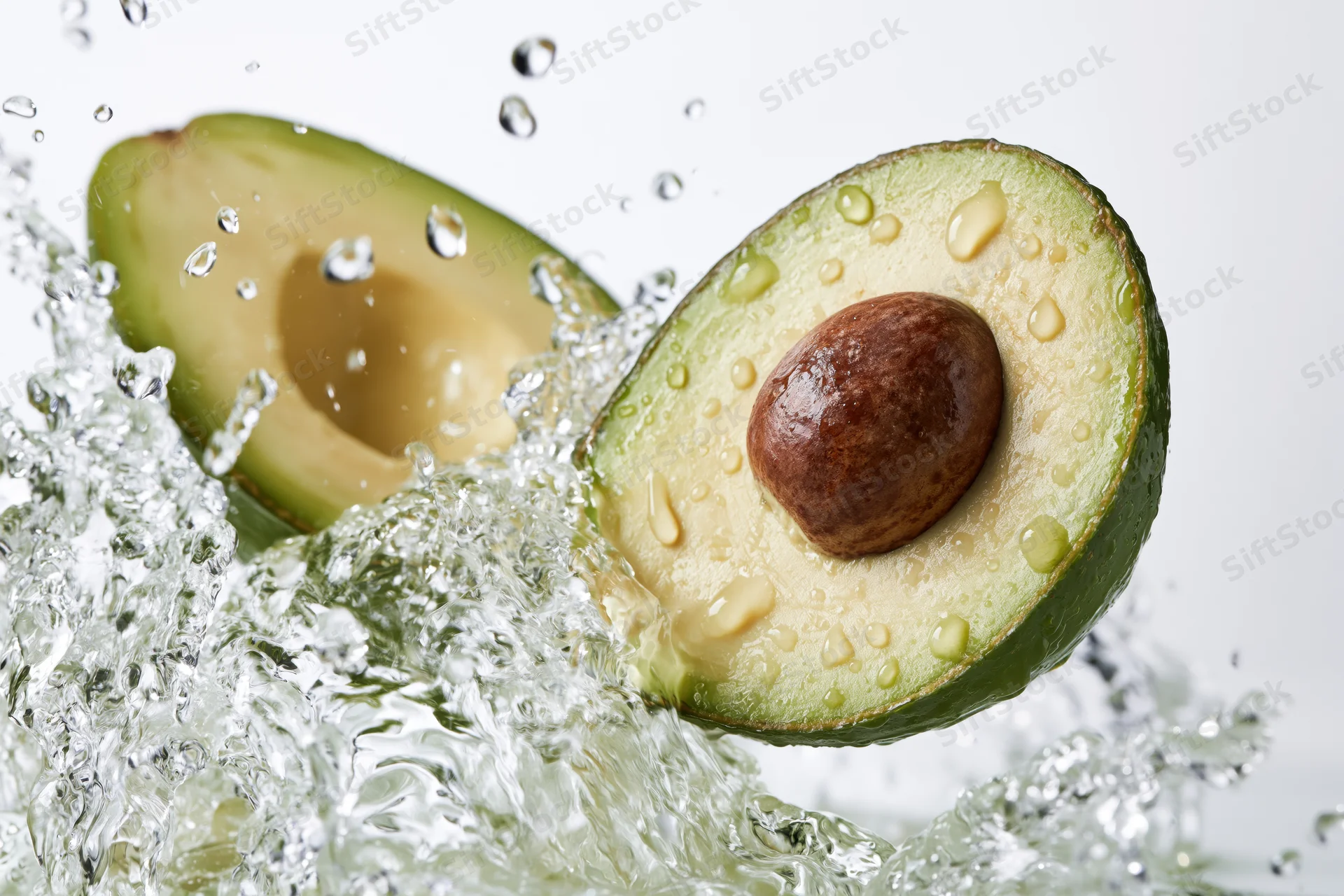 Two avocado halves midair surrounded by dynamic water splash against white background