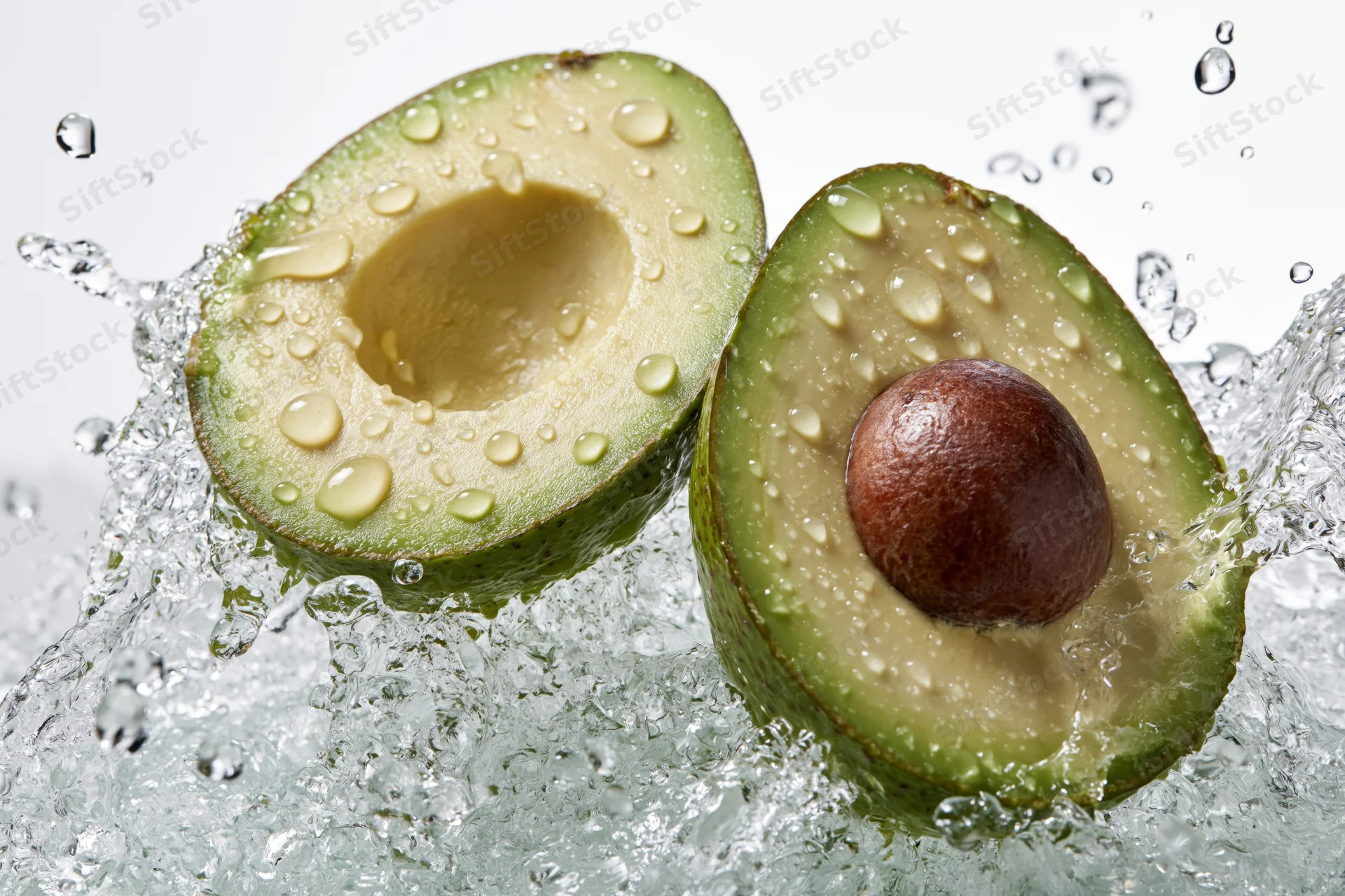 Two avocado halves midair surrounded by dynamic water splash