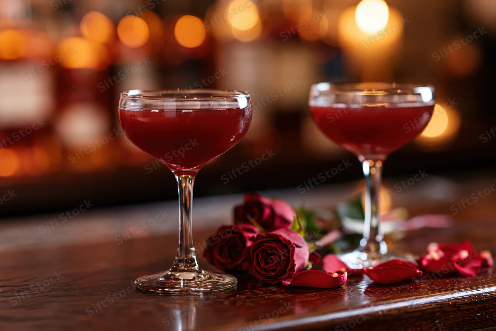 Two coupe glasses with red cocktails on a wooden bar table surrounded by red roses and petals under warm dim lighting