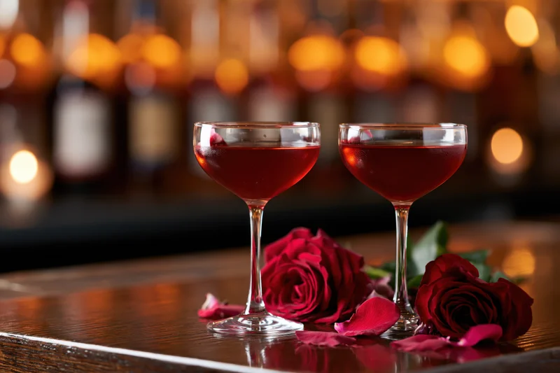 Two coupe glasses with red cocktails and red roses on a wooden bar counter