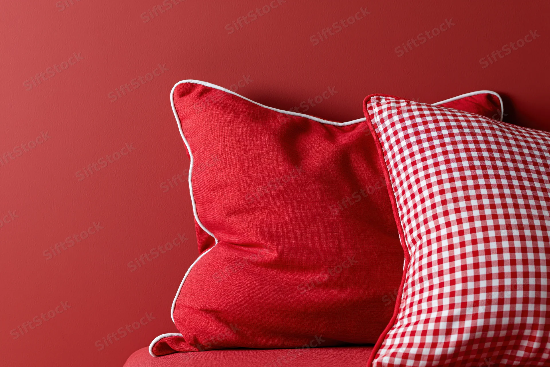 Two decorative pillows resting against a red wall with copyspace on the left