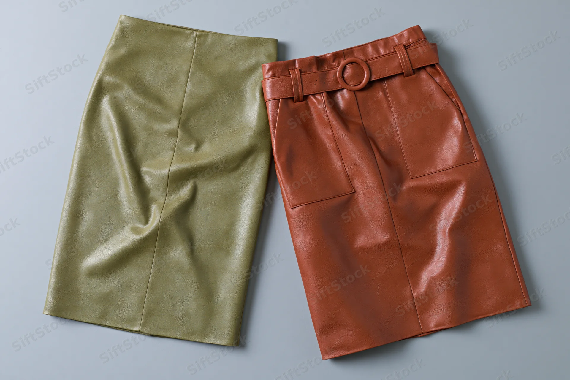 Two faux leather skirts laid flat on a grey surface, one olive and one brown, with belt and pockets