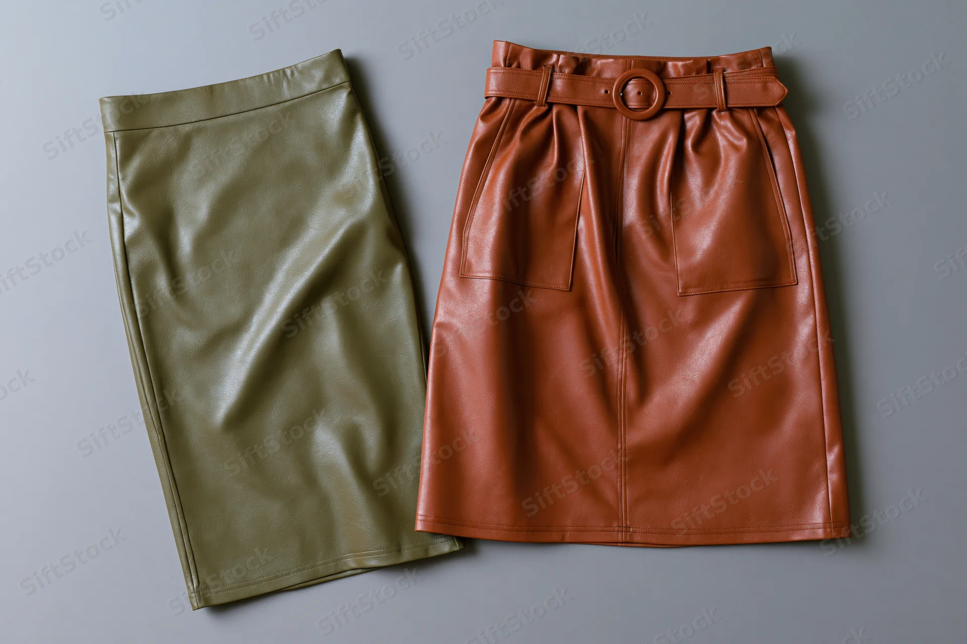 Two faux leather skirts laid flat on grey surface, one olive green and one brown with belt and pockets