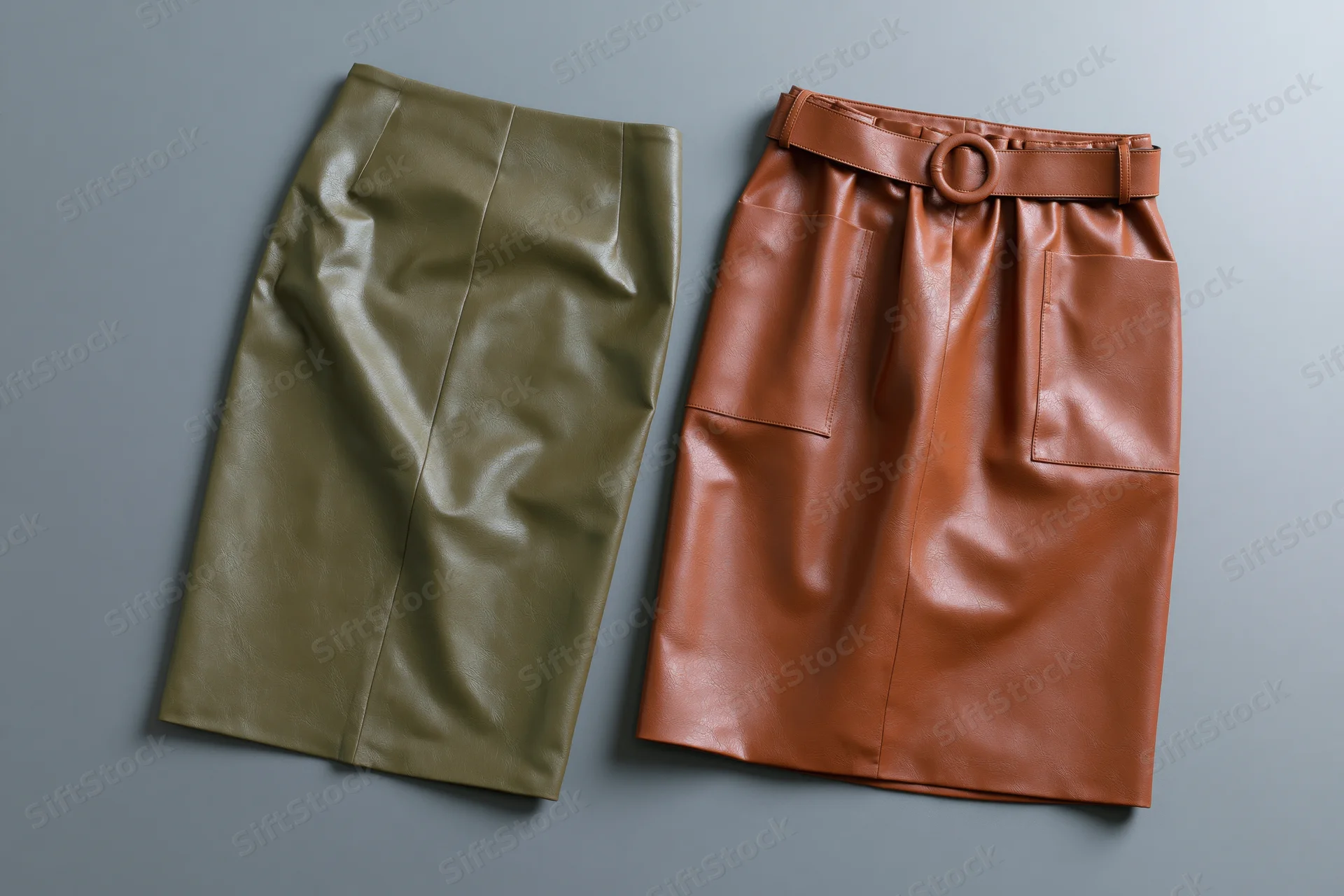 Two faux leather skirts laid flat on a grey surface, one olive and one brown with belt and pockets