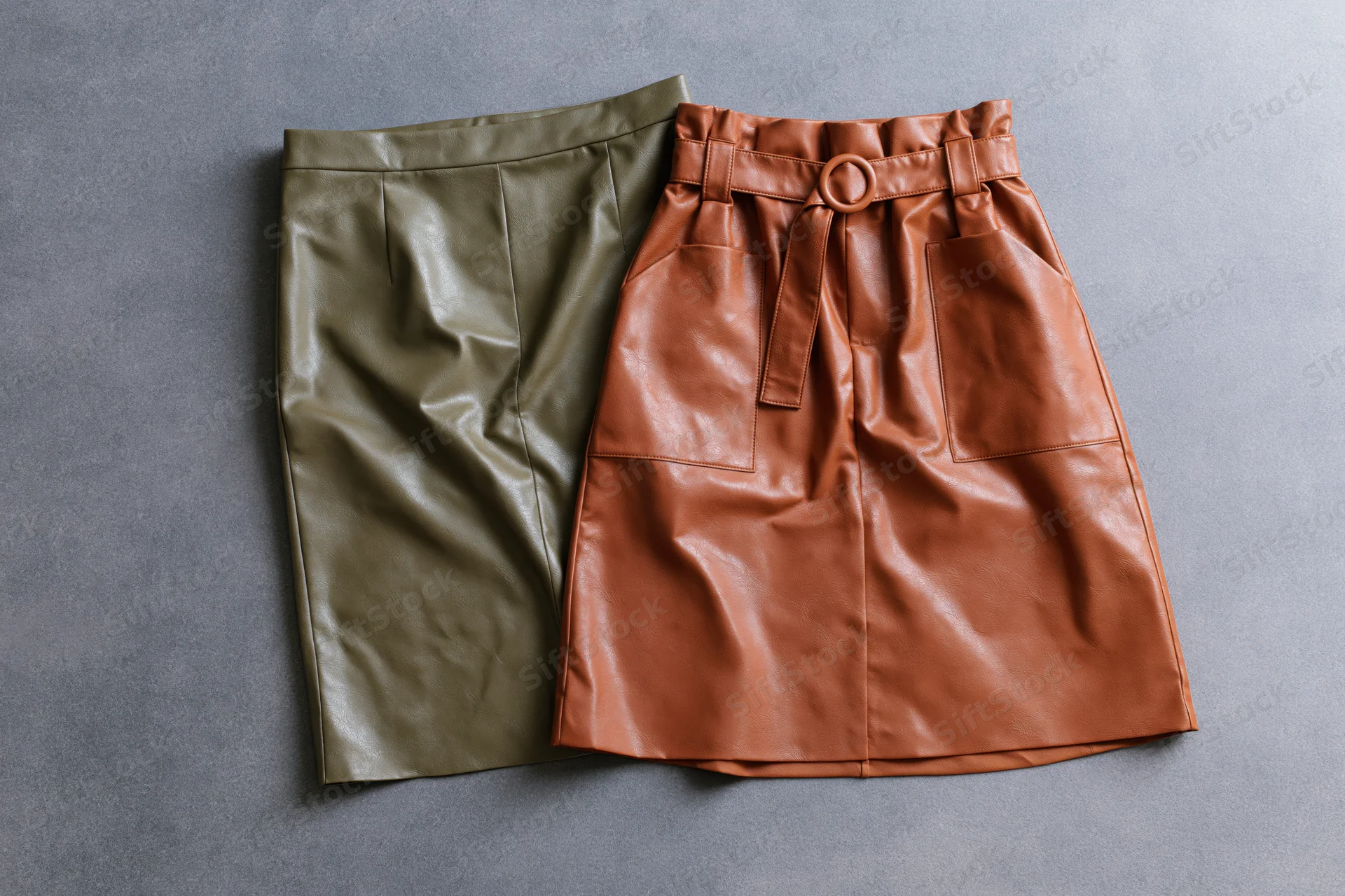 Two faux leather skirts laid flat on a gray surface, one olive and one brown, with belt and pockets