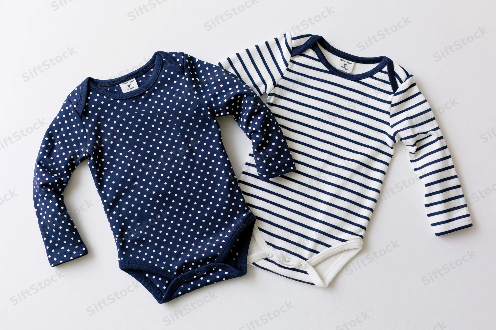 Two infant longsleeve bodysuits with navy polka dot and white stripe patterns laid flat on white background