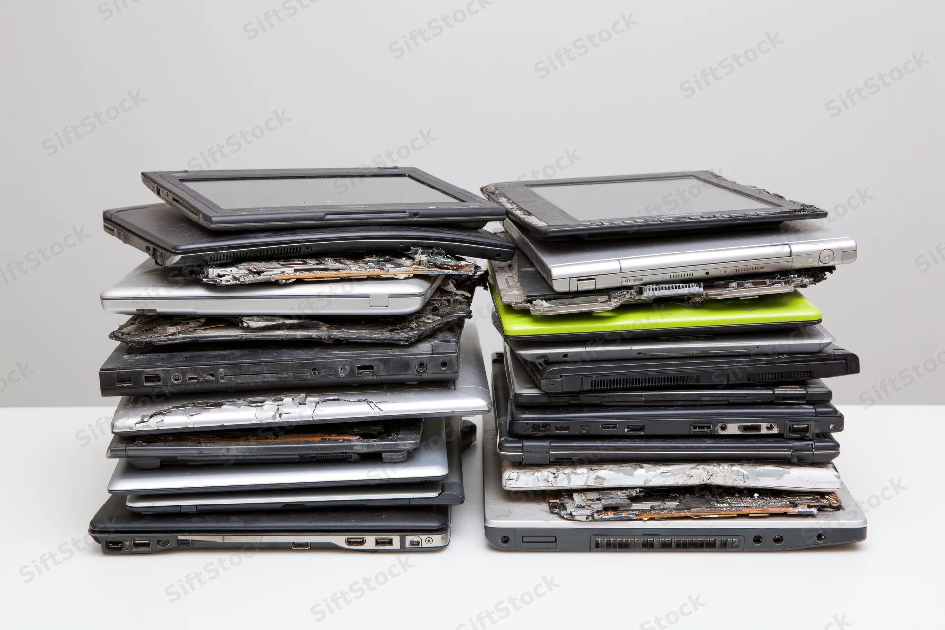 Two stacks of broken old laptops piled on a white table