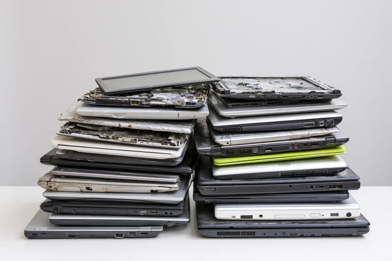 Two stacks of old broken laptops piled on a white surface
