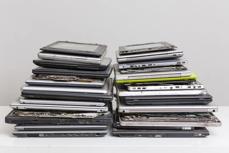 Two stacks of old broken laptops piled on a white surface