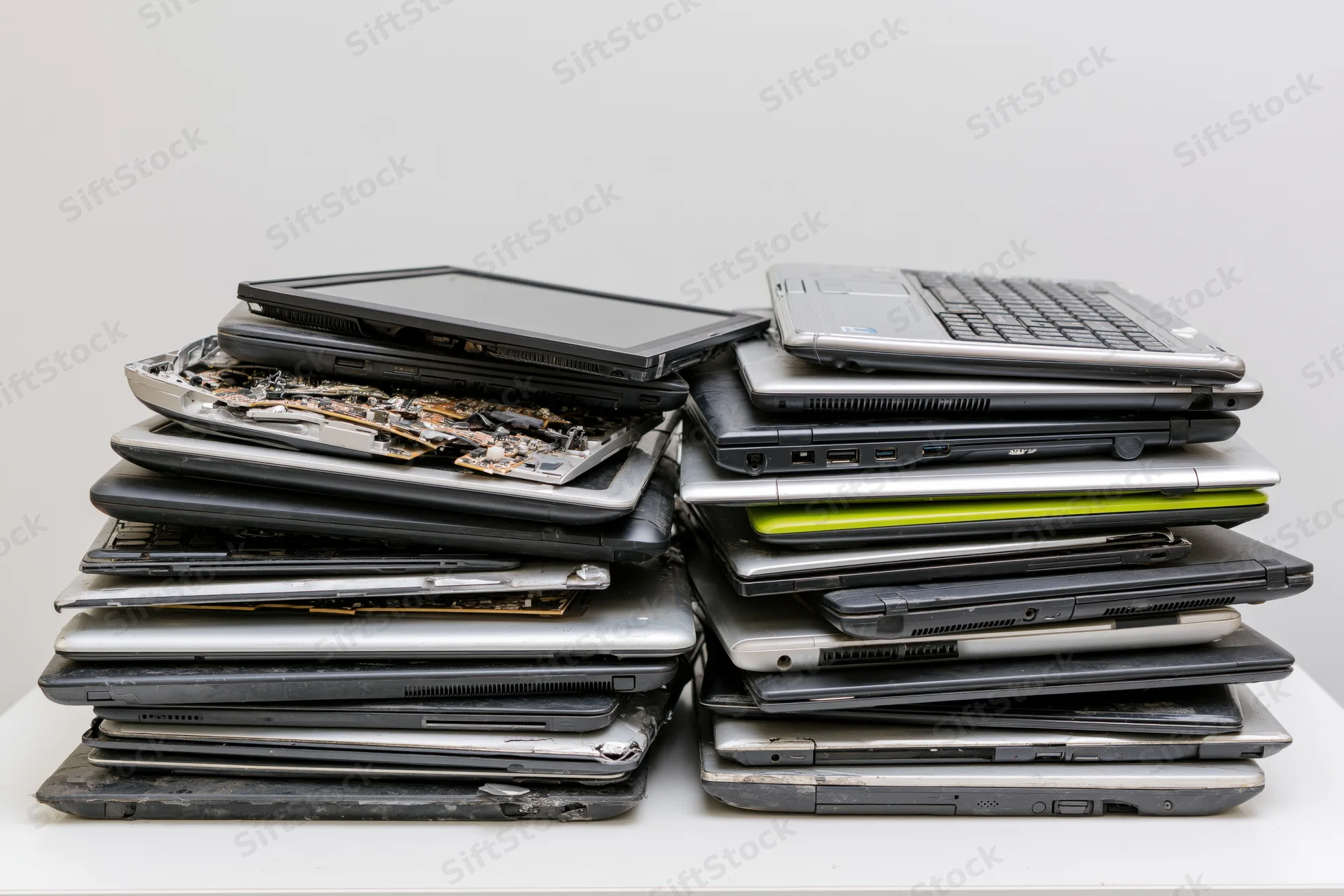 Two stacks of old discarded laptops piled haphazardly on a white table