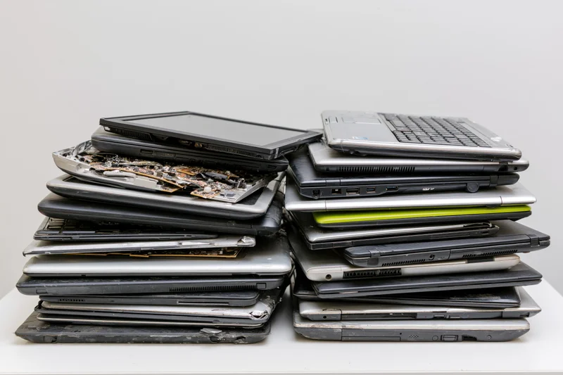 Two stacks of old discarded laptops piled haphazardly on a white table