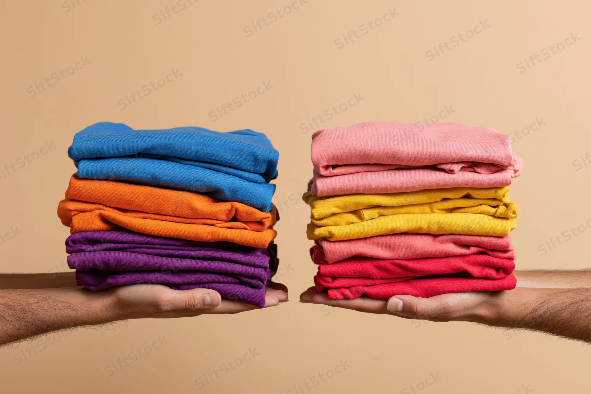 Two hands each holding a stack of folded colorful cotton tshirts against a neutral background