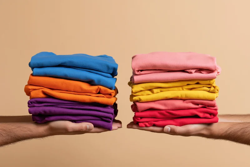 Two hands each holding a stack of folded colorful cotton tshirts against a neutral background