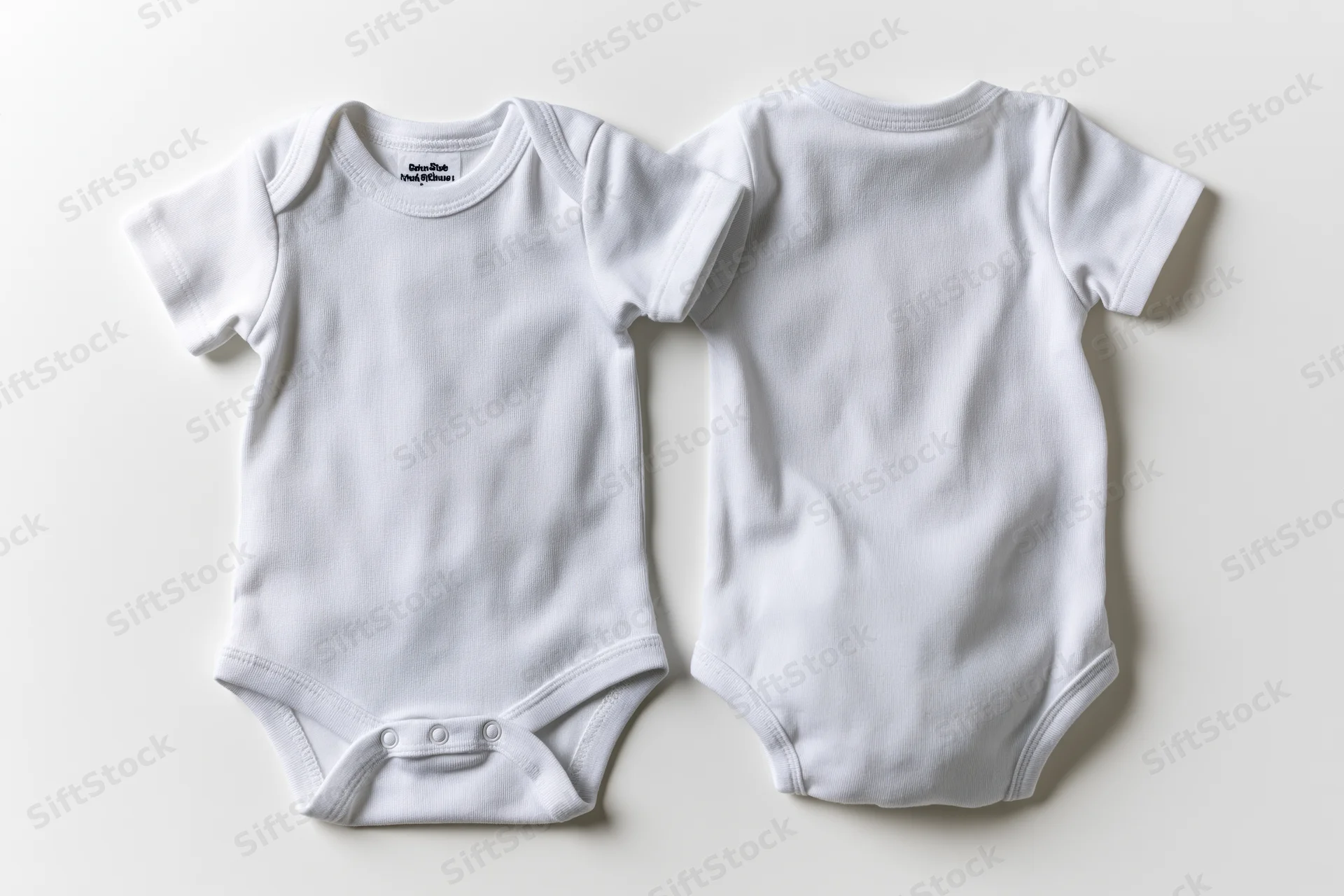 Two plain white baby onesies laid flat showing front and back views on white background