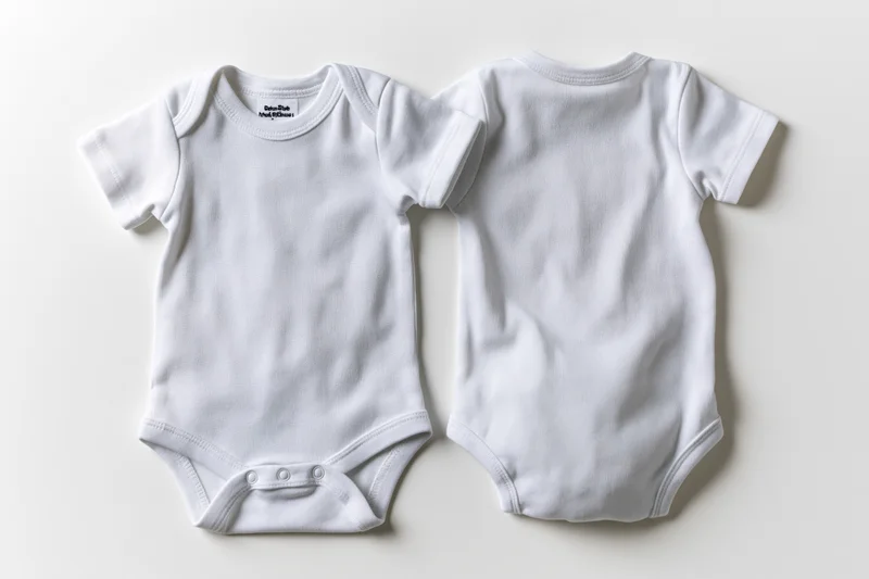 Two plain white baby onesies laid flat showing front and back views on white background