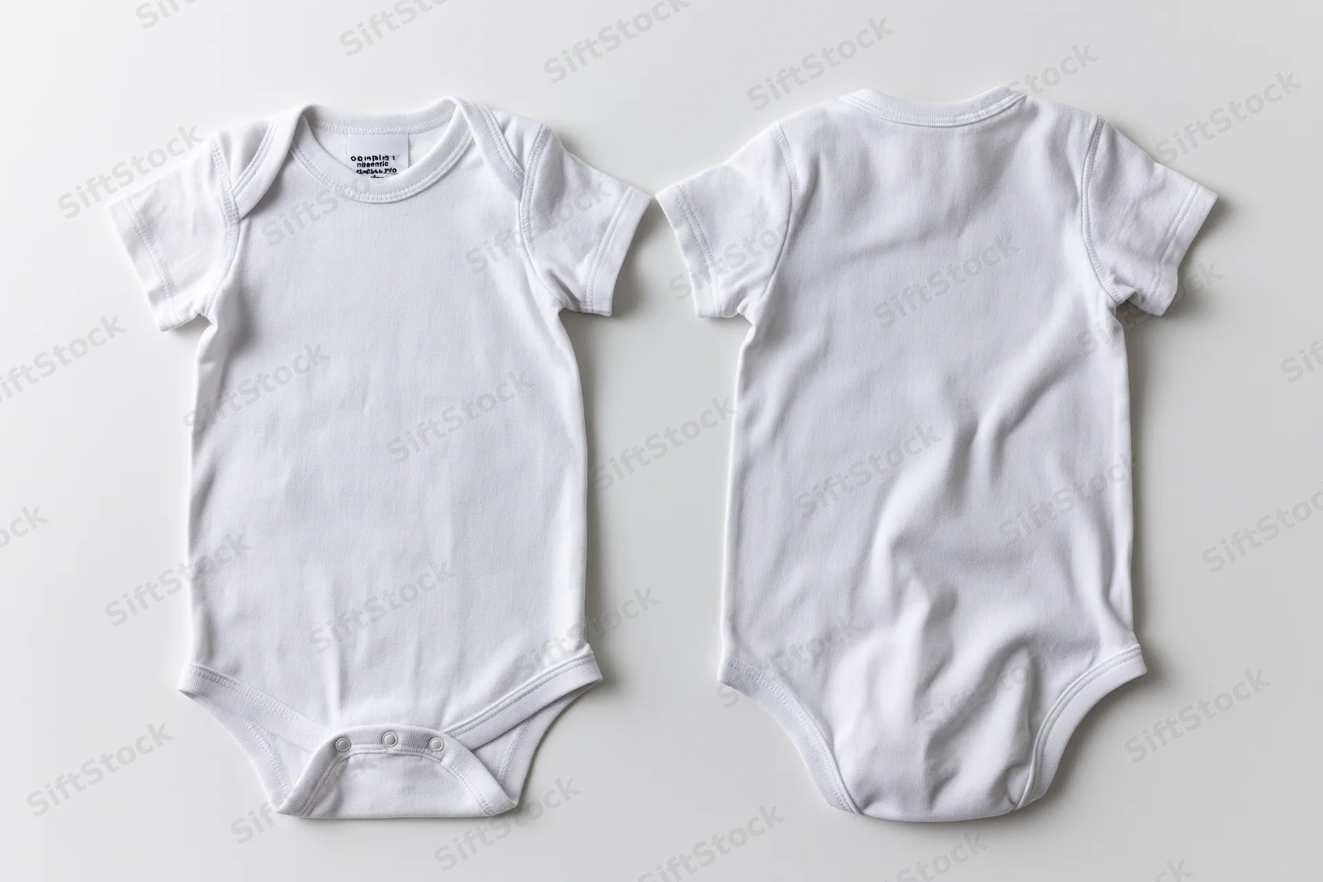 Two plain white baby onesies laid flat showing front and back views on a light surface