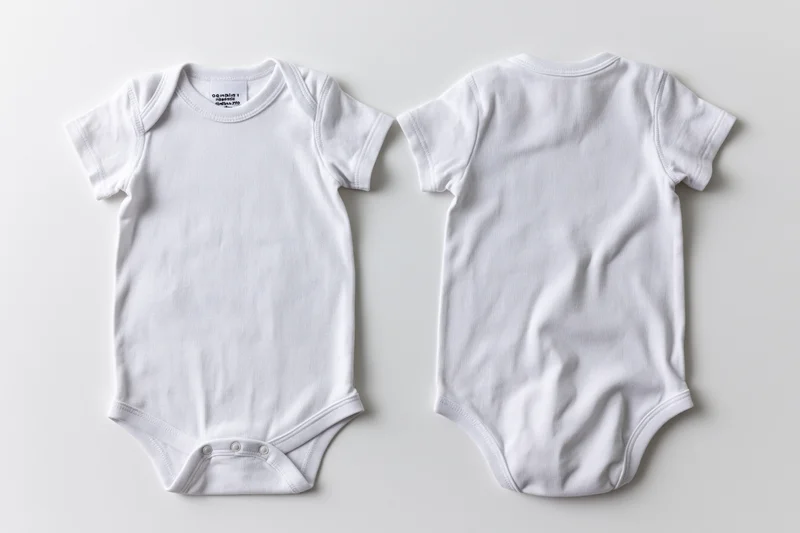 Two plain white baby onesies laid flat showing front and back views on a light surface