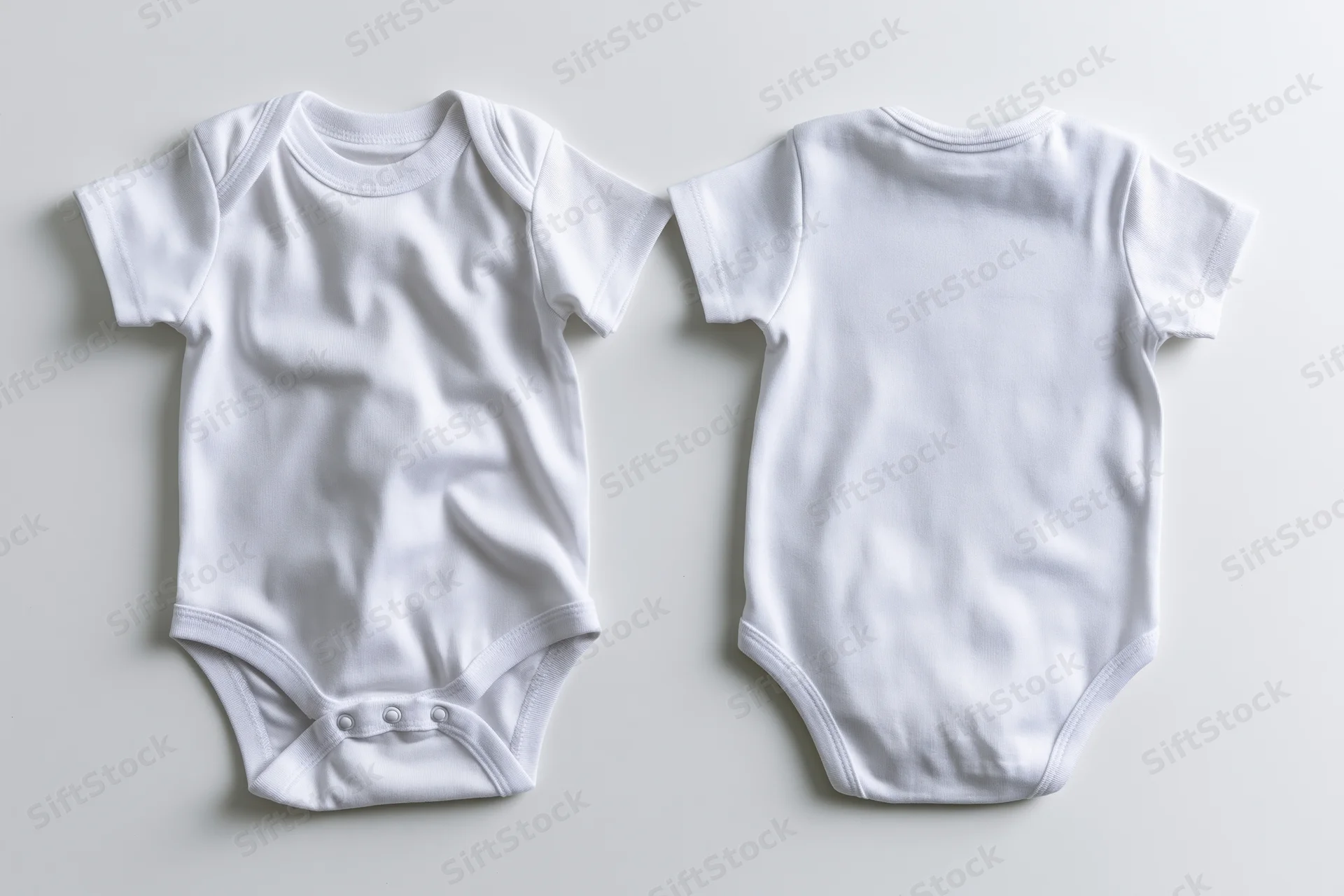 Two plain white baby onesies laid flat showing front and back views on a neutral surface