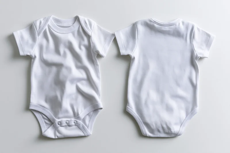 Two plain white baby onesies laid flat showing front and back views on a neutral surface