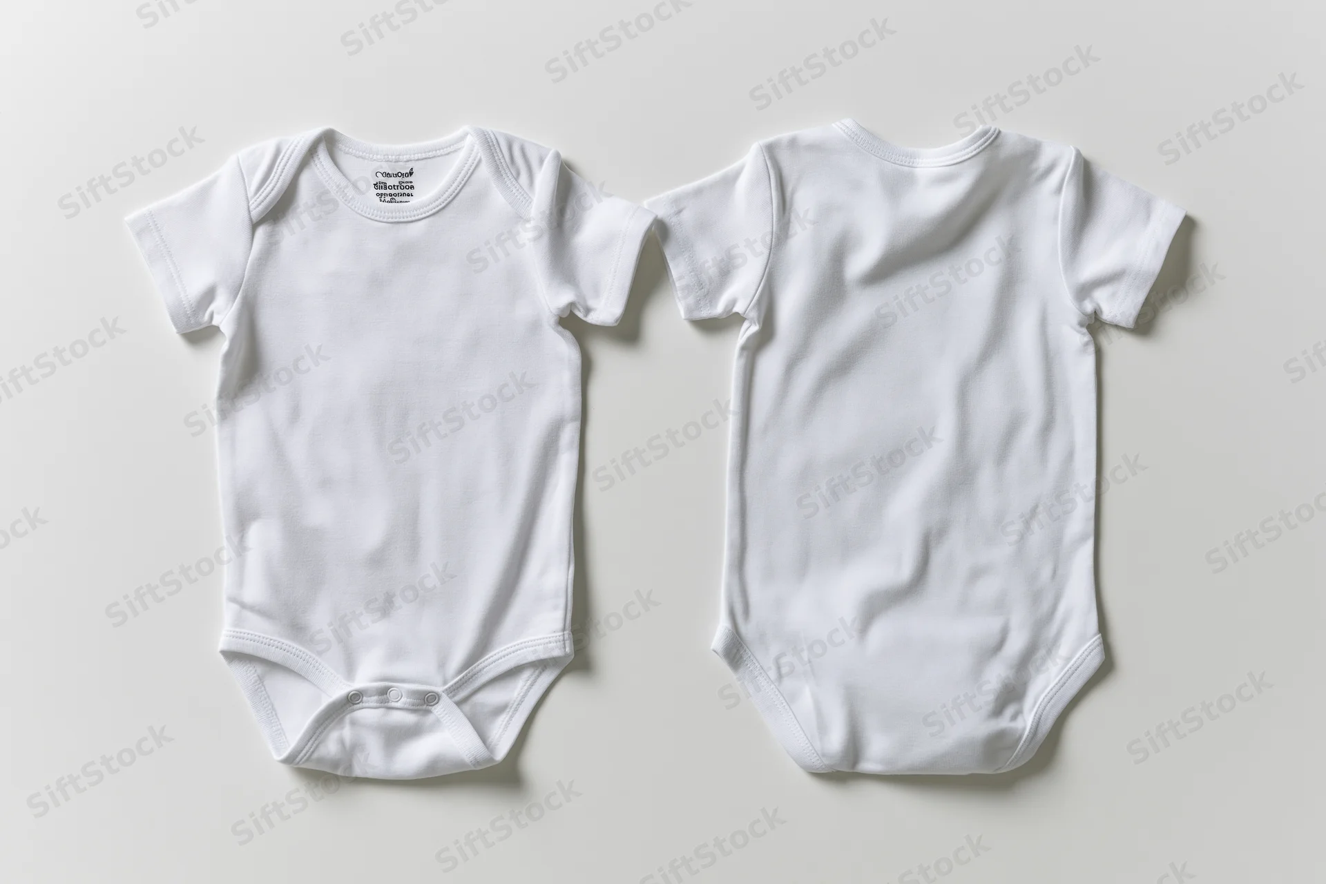 Two plain white baby onesies laid flat showing front and back views on a neutral surface