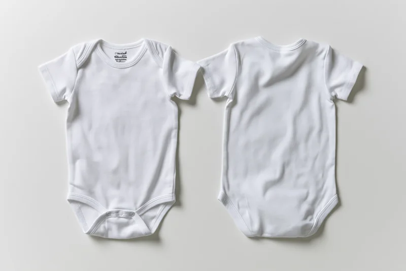 Two plain white baby onesies laid flat showing front and back views on a neutral surface