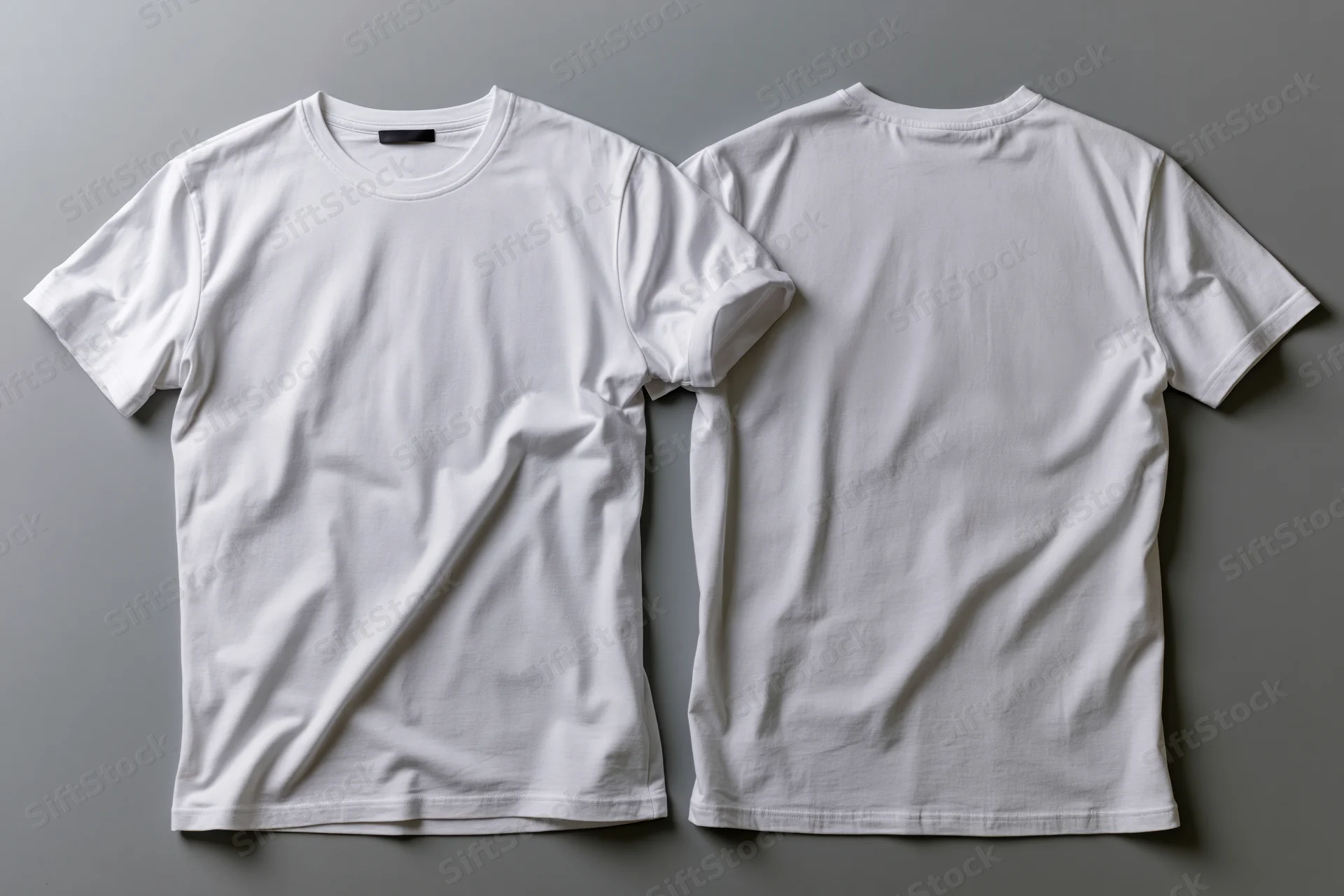 Two plain white crew-neck t-shirts laid flat showing front and back on gray surface